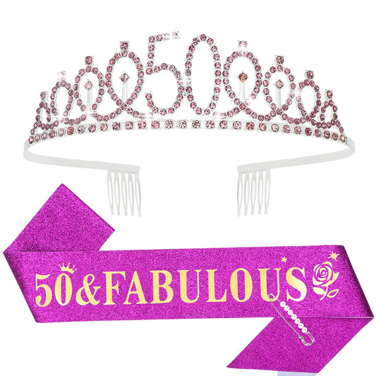 50th Birthday Sash and Tiara for Women, 50th Birthday Party Decorations, 50 and Fabulous Sash and Tiara Set, 50th Birthday Decorations for Women, Happy 50th Birthday Party Supplies