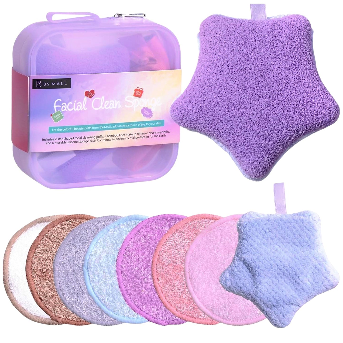 BS-MALL Gentle Facial Sponges - 10 Reusable Makeup Removal Pads with Travel Bag | Deep Clean & Exfoliate