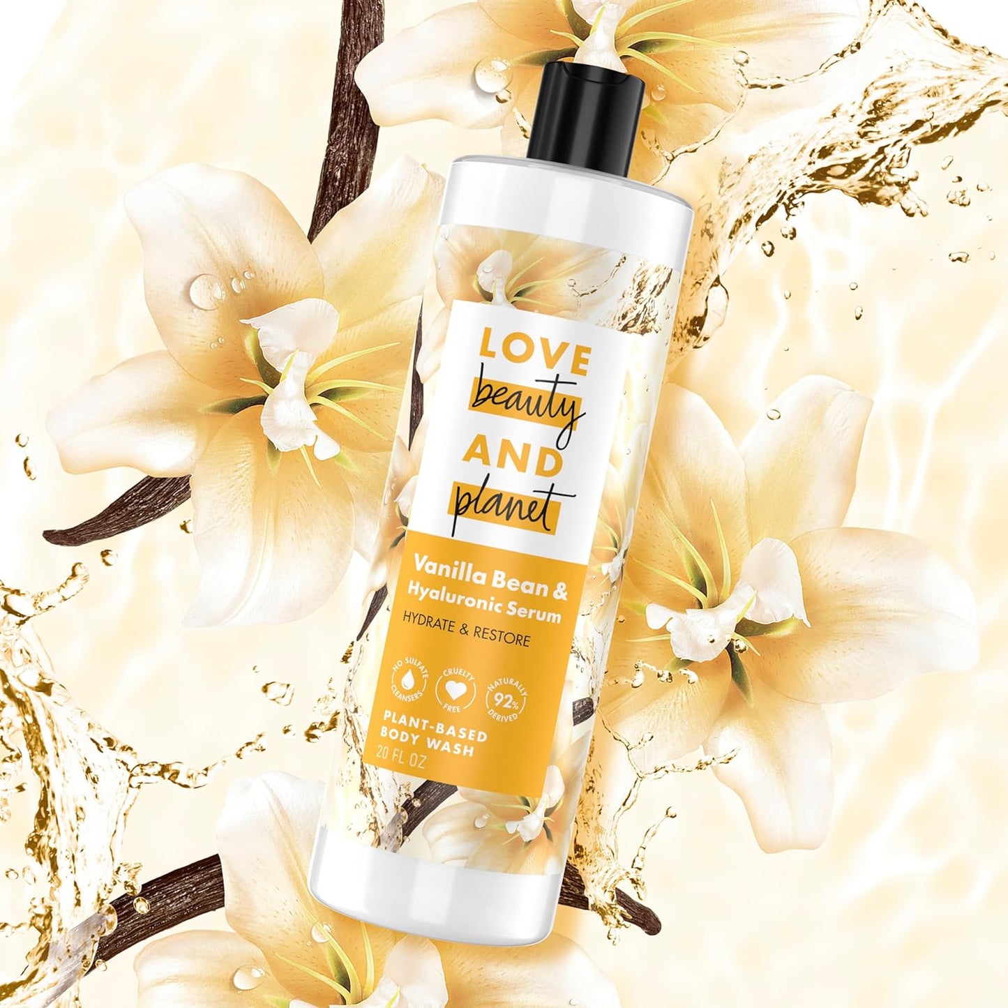 Love Beauty and Planet Plant-Based Body Wash Hydrate & Restore Vanilla Bean & Hyaluronic Serum No Sulfate Cleansers, Cruelty Free, 92% Naturally Derived 20 oz