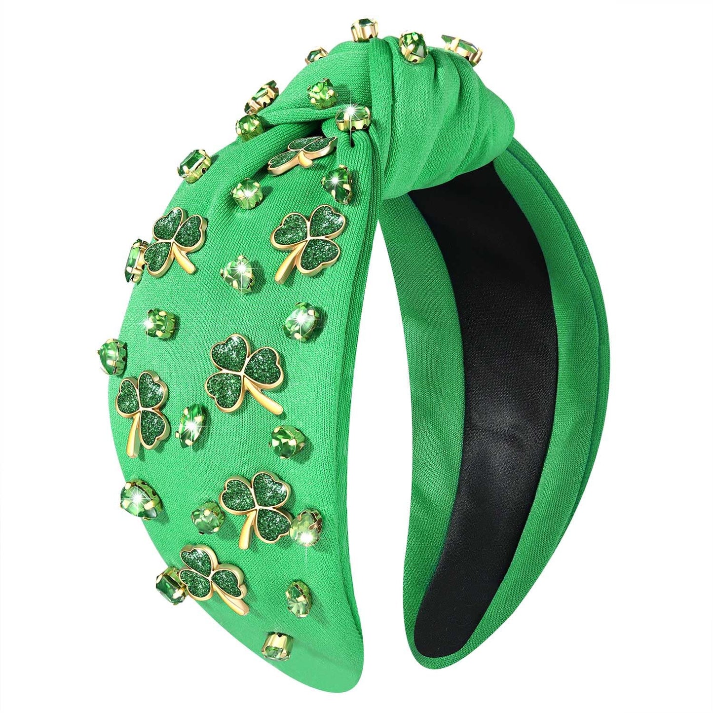 CEALXHENY Embellished Crystal Rhinestone Knotted Headband - Green Shamrock Irish Holiday Hair Accessories Outfit (Shamrock C)