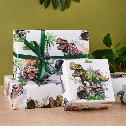 RUSPEPA Dinosaur Wrapping Paper Roll for Kids Boys, Mini Roll, Watercolor T-Rex and Monster Truck Gift Wrap Paper for Birthday, Dino Party, Adventure Celebration, 17 Inches X 16.4 Feet
