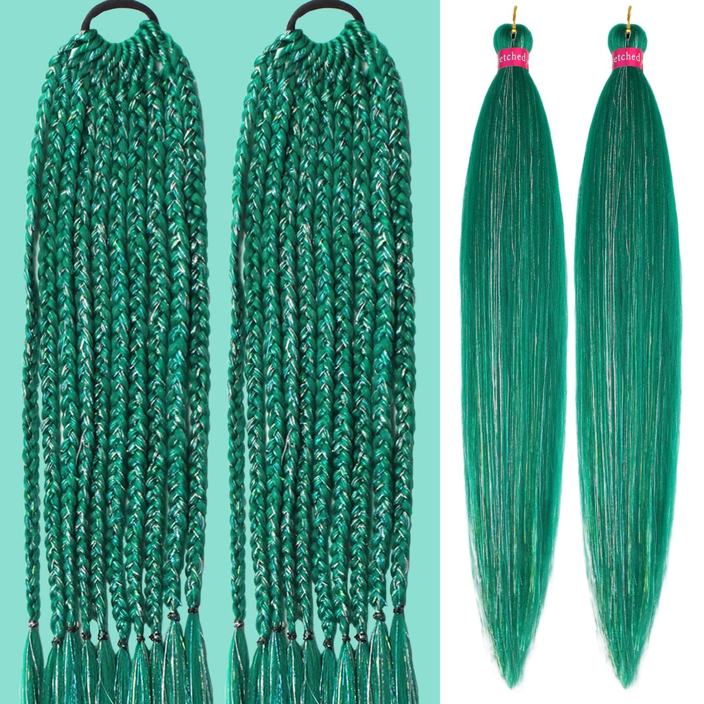 Green with Tinsel Braiding Hair Pre Stretched 2 Packs 26 Inches Box Braids Hair Extensions Synthetic Pre Stretched Braiding Hair