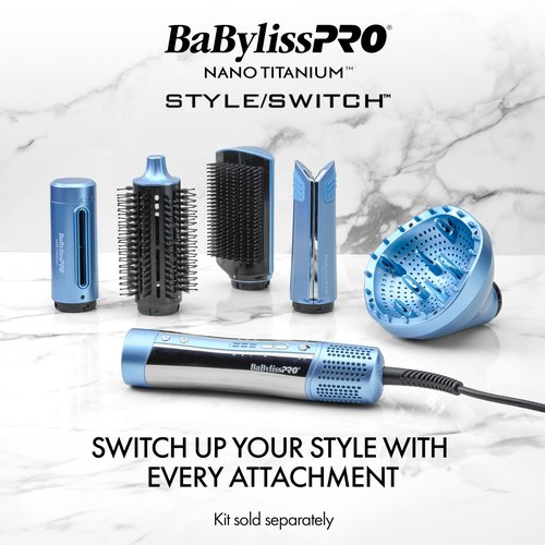 BaBylissPRO StyleSwitch Ionic Multi-Styler, Air Styler and Hair Dryer, Lightweight Hot Air Brush with 5 Attachments, Automatic Dual Voltage