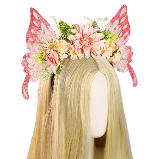 MOSTORY Pink Butterfly Fairy Headband - Flower Crown with Wings Woodland Floral Hairband Elf Forest Headpiece for Women Princess Renaissance Renfaire Fairy Outfit Cosplay Photo Shoot