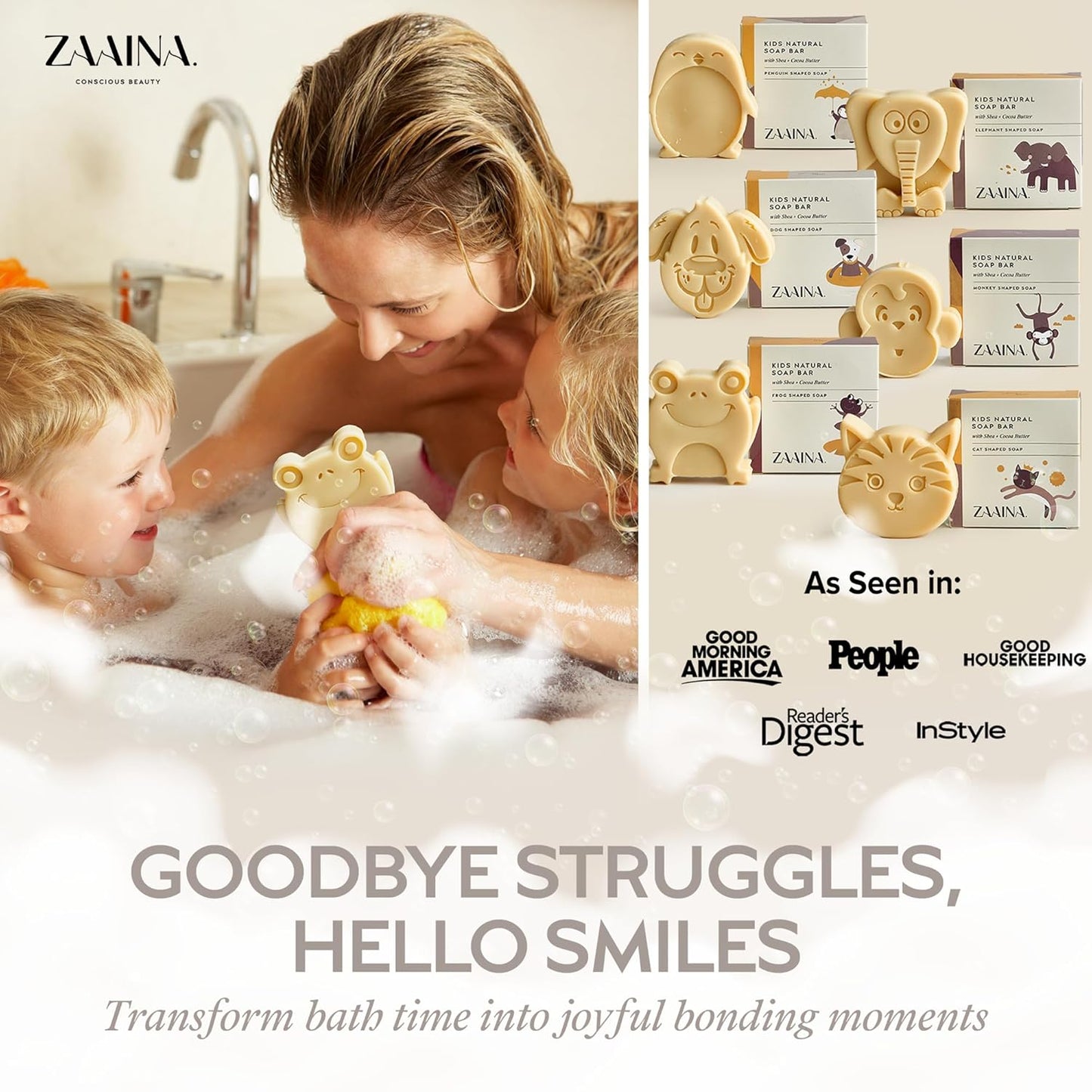 ZAAINA Kids Soap Bar Set of 6 - Unique Natural Animal Shaped Soaps for Gentle Bathing | Handmade in USA