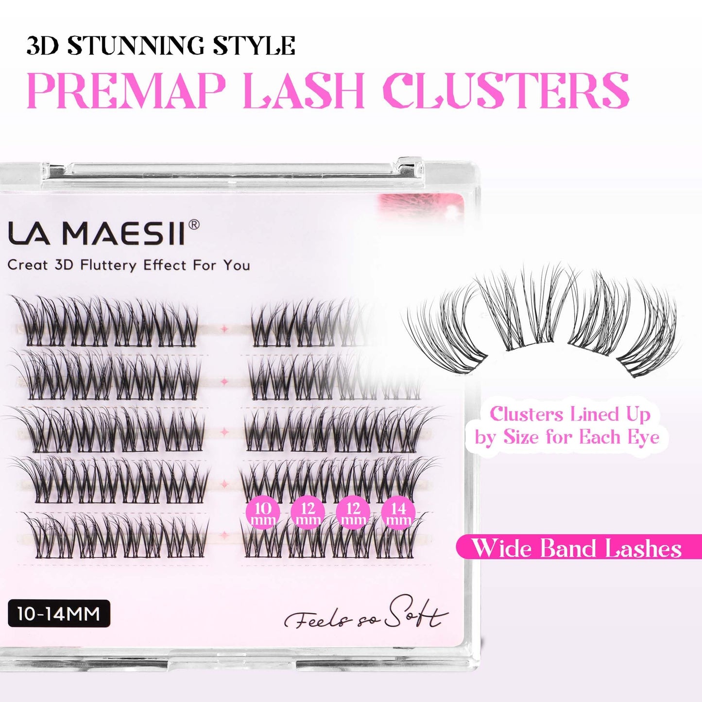 LA MAESII Lash Clusters, 3D Cluster Eyelash Extensions Fluffy DIY Cluster Lashes Wispy Natural Eyelash Clusters, 10-14mm Multi-layer Individual Lashes Soft Thin&Wide Band Reusable (3D-46)