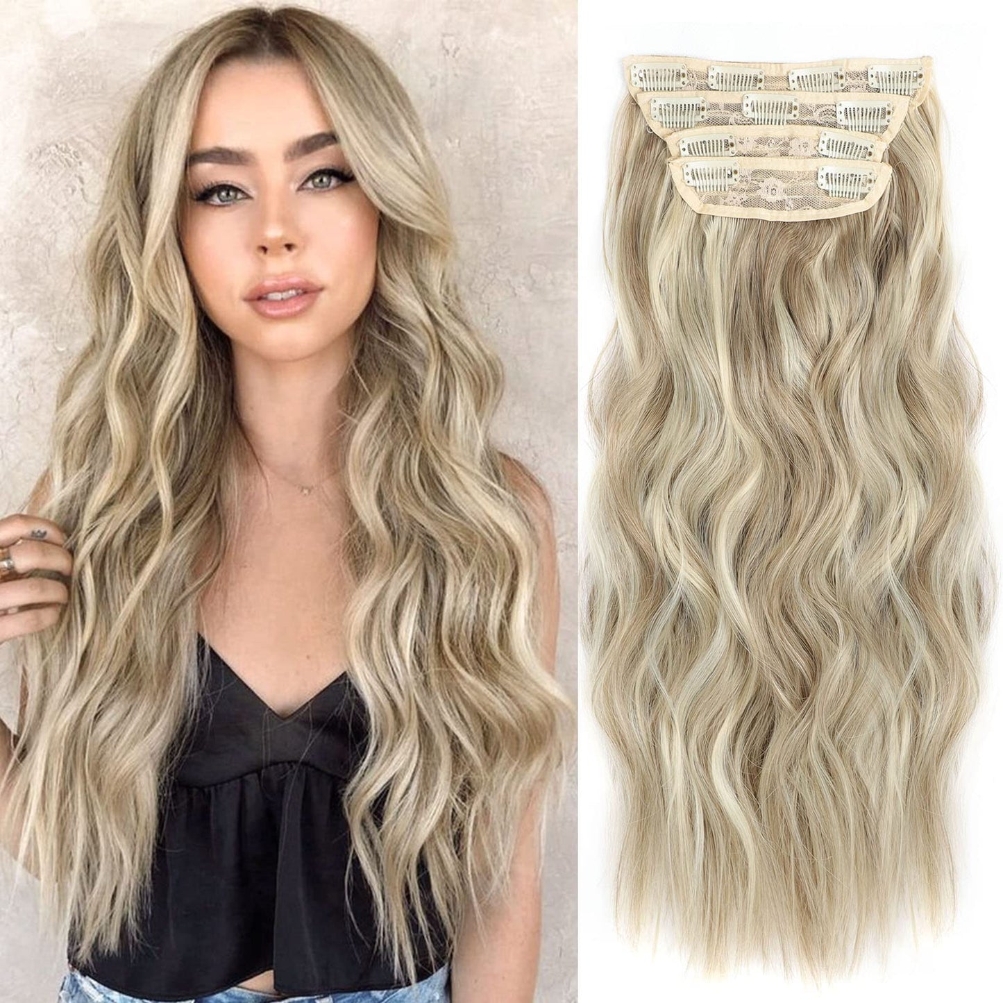 Not Tangled 20 Inch Long Wavy Synthetic Hair Extensions Honey Blonde Mixed Light Brown 4PCS thick long Clip in Hair Extensions for Women Full Head Natural Soft (20INCH, 22H10)