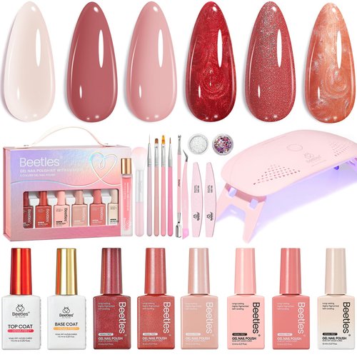 Beetles 22 Pcs HEMA-Free Gel Nail Polish Kit with U V Light - 6 Color Pink Nude Red Pearl White Gel Polish Set Ethereal Glow Gift-Ready Package DIY Salon Portable Manicure Kit Women Girls Teens Gifts