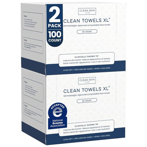 Clean Skin Club Clean Towels XL® - 100% Biobased Disposable Face Towels | Ultra Soft, 50 Ct Per Pack (2 Packs)