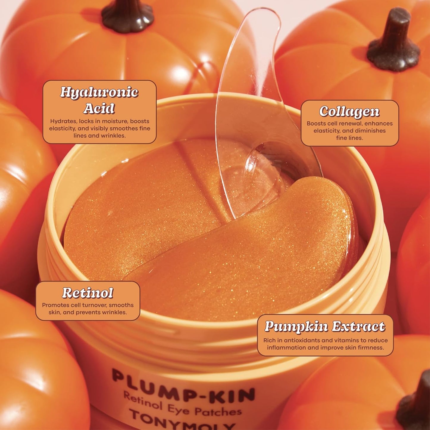 TONYMOLY Plump-Kin Retinol Hydrogel Under Eye Patches - Hydrating Eye Treatment with Pumpkin Extract for Dark Circles & Puffiness, 30 Pairs