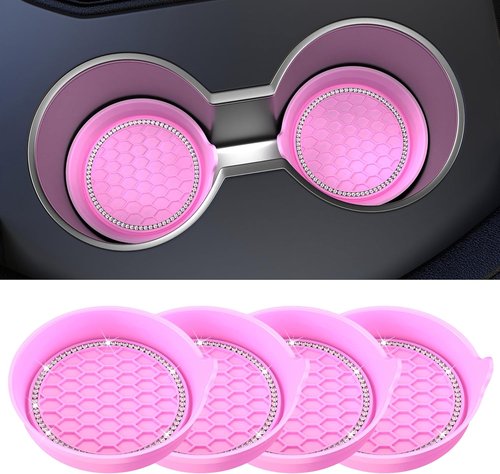 Amooca Car Cup Coaster - Universal Non-Slip Rhinestone Holders | 4-Pack Pink Interior Accessories
