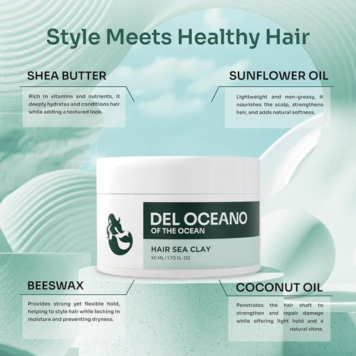 Del Océano Hair Styling Sea Clay - Strong Hold, Matte Finish Hair Clay for Men | 2.7 oz