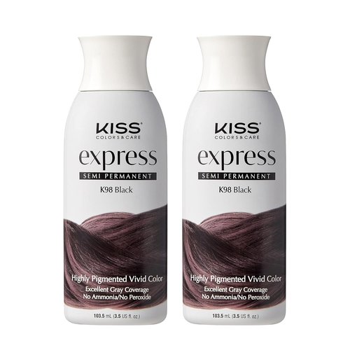 Kiss Express Semi-Permanent Hair Color - Vivid, Gentle Formula for Gray Coverage | 3.5 oz, Black, 2 Count