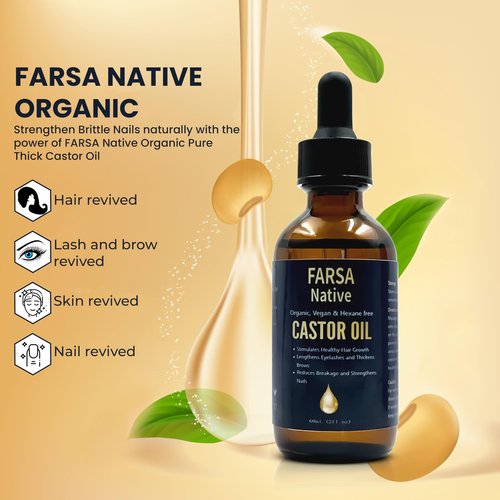 FARSA Native Castor Oil Organic & Vegan, 100 Pure Castor Oil for Hair Growth, Eyelashes, Skin Tightening, Nail Treatment, Natural Cold Pressed Unrefined Hexane-Free & Cruelty-Free Beauty Elixir