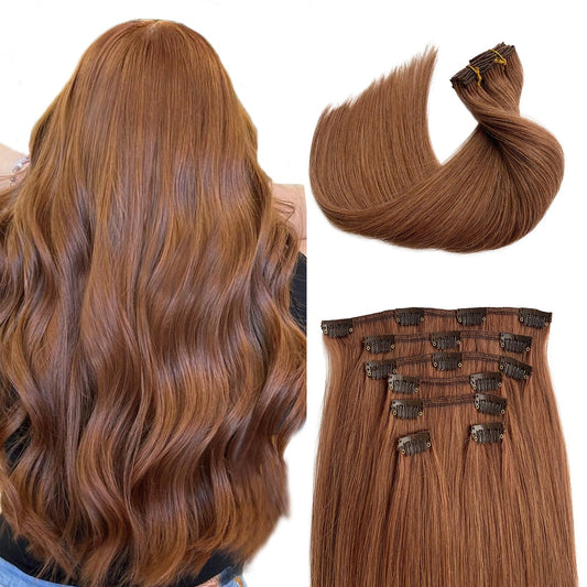 Clip in Hair Extensions Real Human Hair Medium Auburn Short Hair Extensions Clip ins 12 Inch Soft Straight Auburn Clip in Human Hair Extensions with Thick Full Ends 70g 7pcs