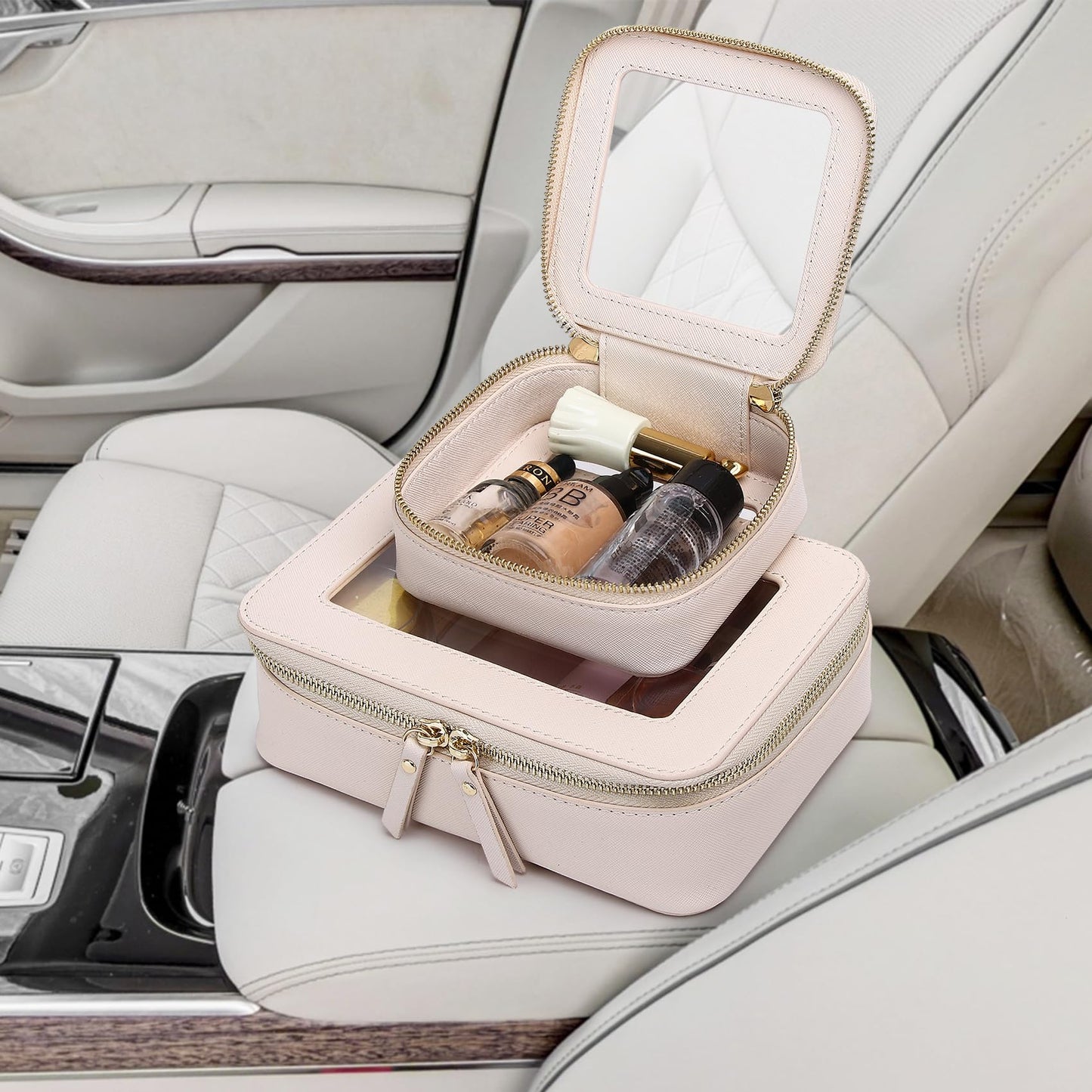 Pinkmik Small Makeup Bag Mini Clear Cosmetic Makeup Case & Toiletry Bag with Zipper Women's Purse Organizer & Car Essentials (Beige, MINI-1)