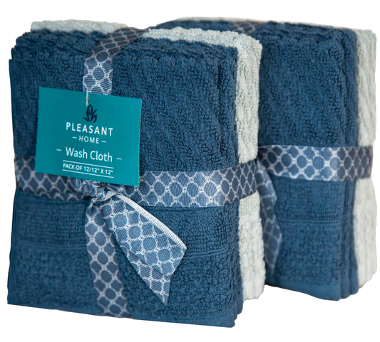 PH Pleasant Home Diagonal Wash Cloths Set - 12 Pack (12” x 12”) – 509 GSM - 100% Ring Spun Cotton Wash Cloth - Super Soft and Highly Absorbent Face Towels (Dark Blue & Light Blue)