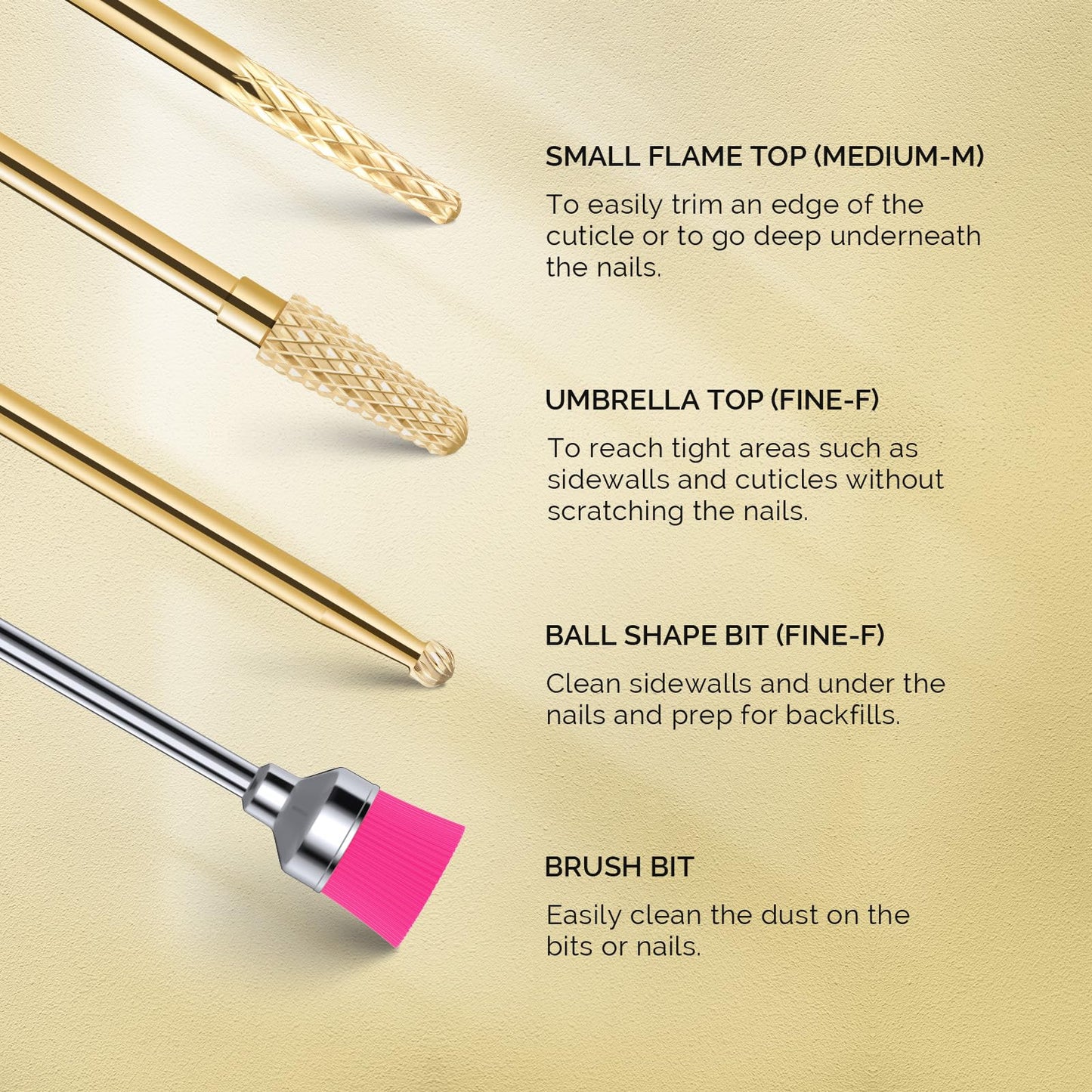 MelodySusie Nail Drill Bits Set, 7pcs Tungsten Carbide Nail Bits for Nail Drill E-file, 3/32 inch Bits Manicure Pedicure Remover Tools for Acrylic Gel Nails, Salon Home Nail Care Supplies, Gold