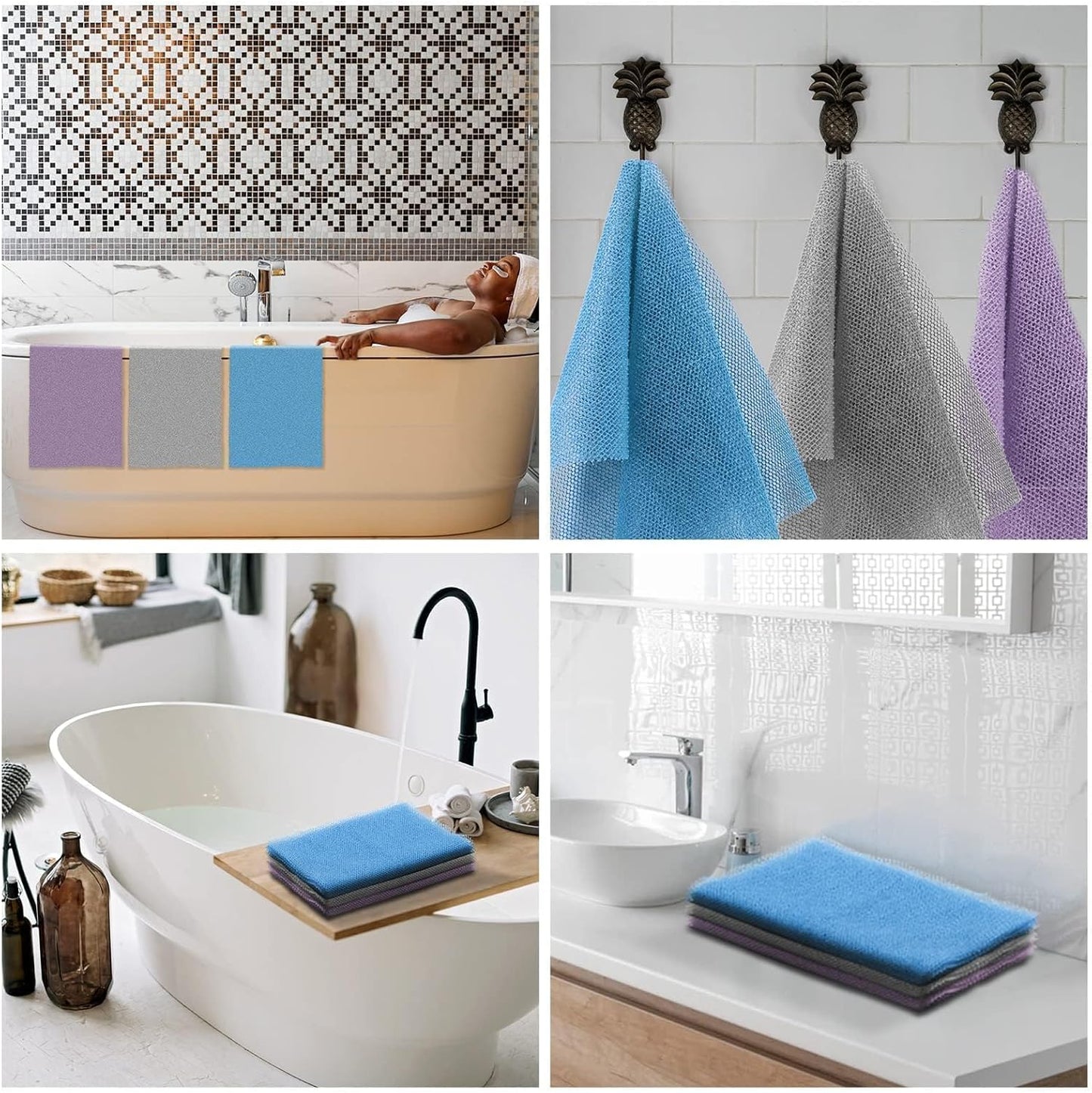 UJFQBH African Exfoliating Net - 3-Piece Bath Sponge Set for Smooth Skin | Purple, Gray, Blue