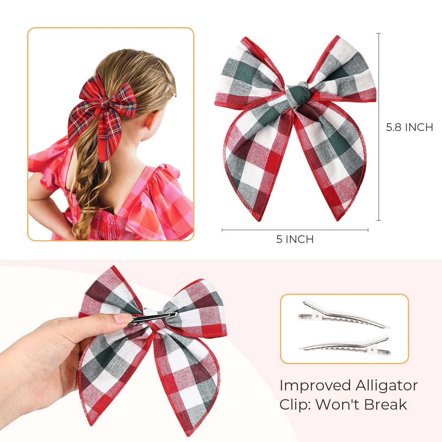 DEEKA 8 PCS Large Christmas Fable Hair Bows Cotton Linen Red and Black Plaid Hair Bow for Toddlers Girls Handmade Christmas Hair Accessories for Little Girls Kids