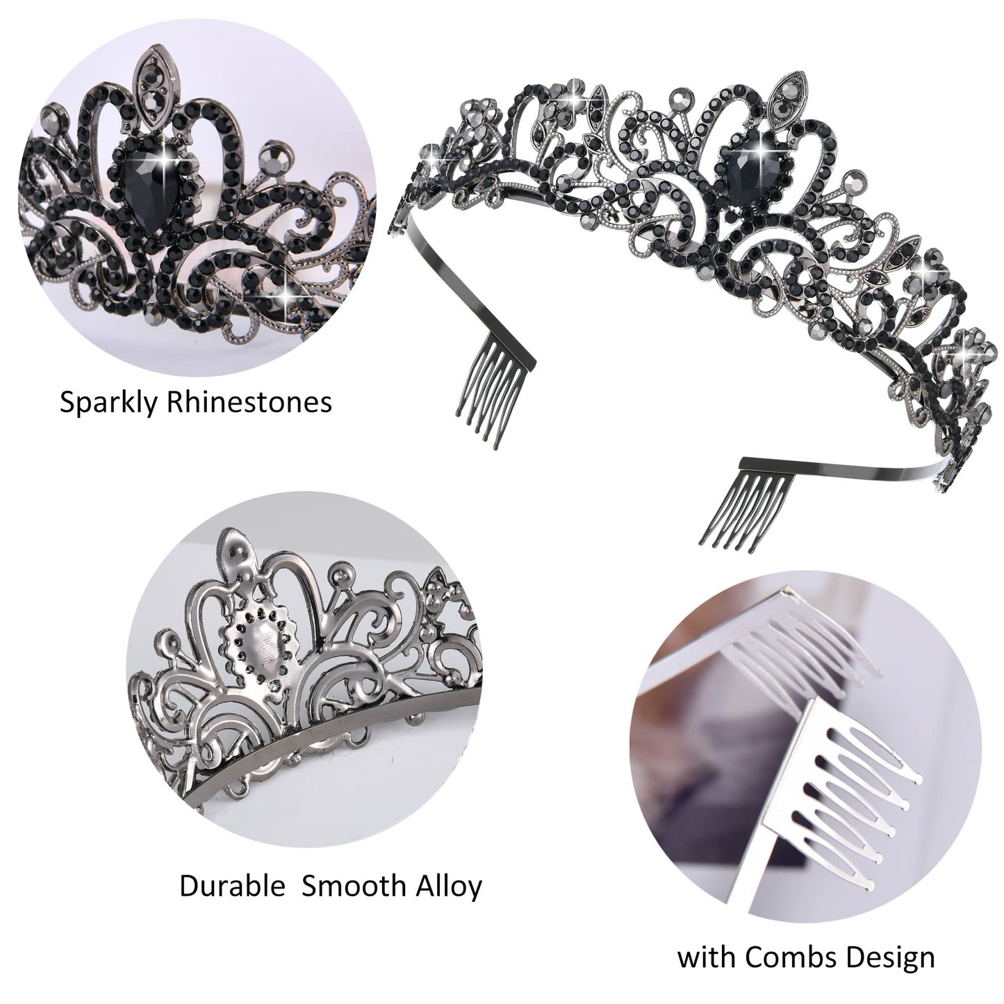 Black Tiaras and Crowns for Women, Crystal Queen Birthday Party Headband Princess Fairy Tiara Women's Decorations Gifts Bride Bridal Wedding Prom Crown