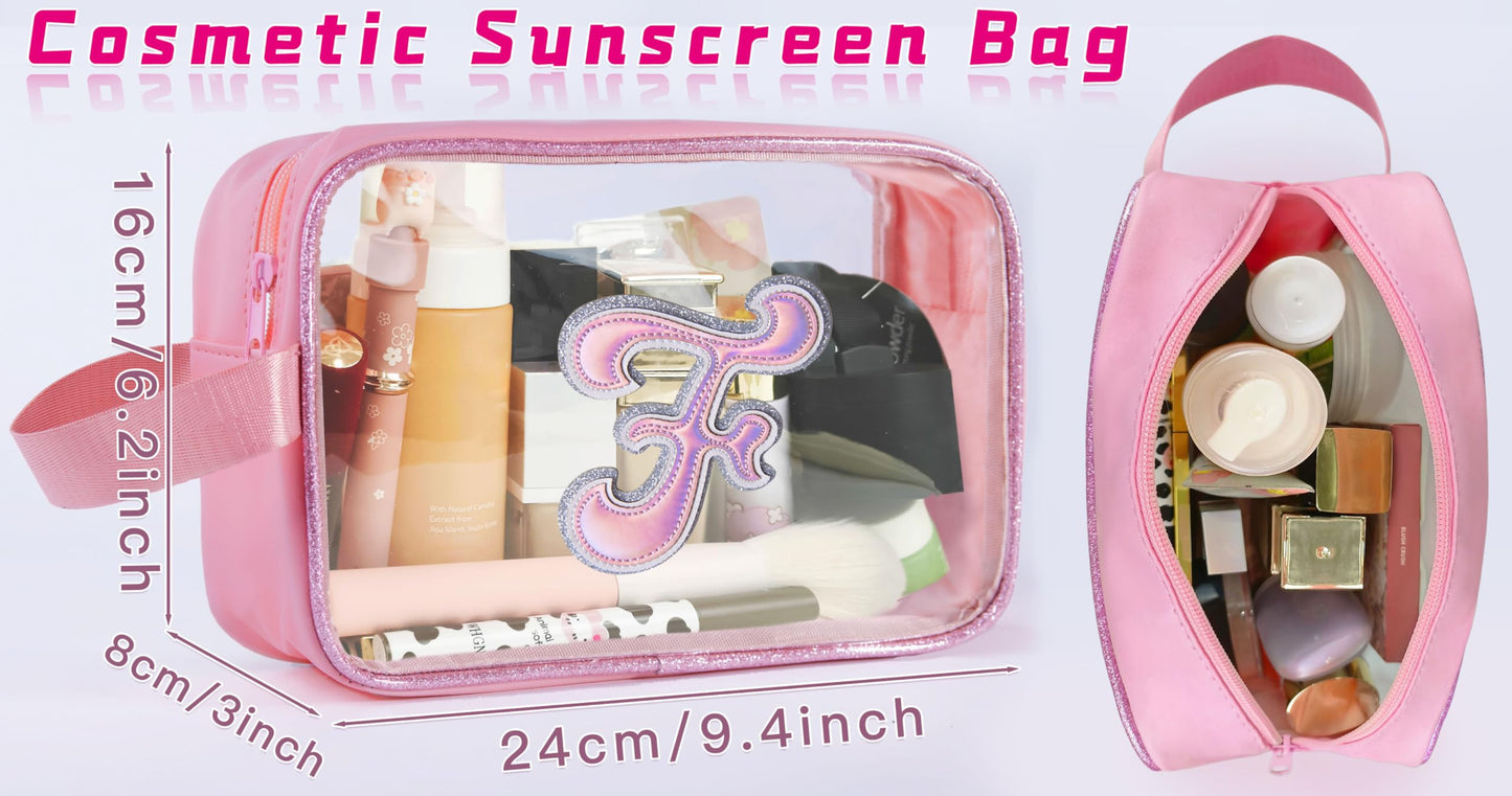 COSHAYSOO Clear Makeup Bag Preppy Initial Letter Cosmetic Toiletry Sunscreen Pouch Travel Essential Accessories Gifts for Women Girls Summer Camp Vacation Beach Pool Lake Hiking Road Trip Pink F