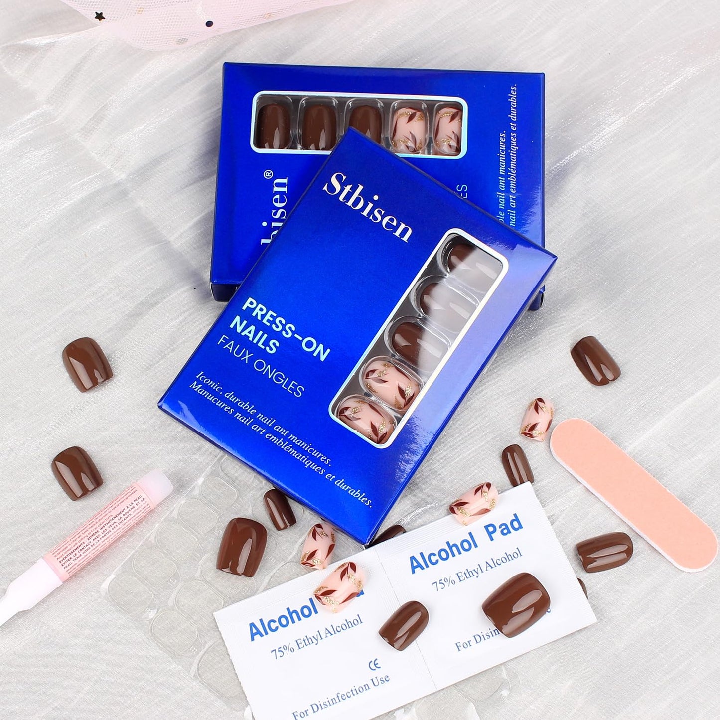 Skiennix Dark Brown Press-On Nails - Short Square Soft Gel with Gold Leaf & Glitter Accents | 30PCS Reusable Kit