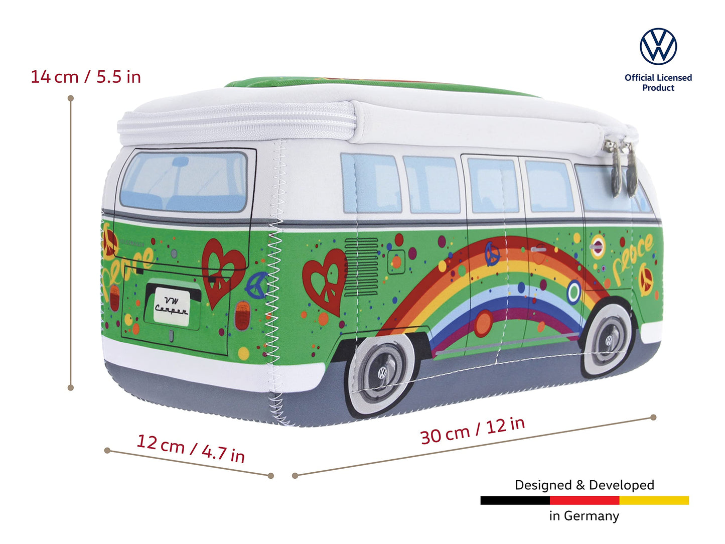 BRISA VW Collection - Volkswagen Neoprene Universal Makeup Cosmetics Toiletry Travel Pharmacy Bag in T1 Bus Design (Peace/Green) (Large (11.8 x 5.5 x 4.7 inches))