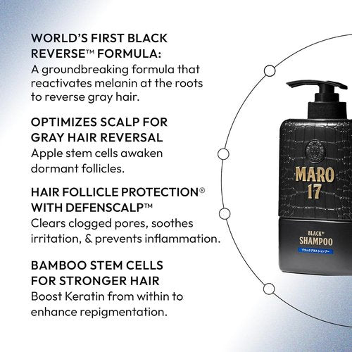 MARO17 Black+ Shampoo - Gray Hair Reversal for Men - Sulfate-Free DHT Blocker with Royal Jelly & Collagen - Promotes Thicker, Darker Hair