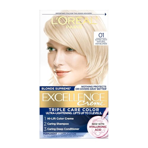 L'Oreal Paris Excellence Crème Hair Dye - Triple Care Formula with Hyaluronic Acid for 100% Gray Coverage | 01 Extra Light Natural Ash Blonde, 1 Kit