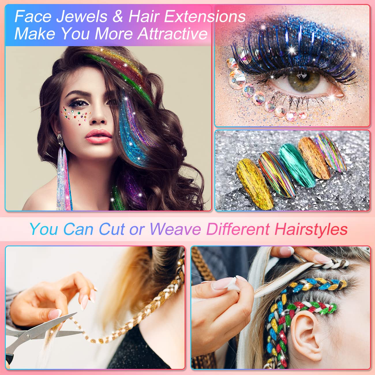 20 Colors 48 Inch Fairy Hair Extensions - Heat Resistant Tinsel Hair Accessories Kit with Tools and Rhinestones for Women and Girls, 4000 Strands