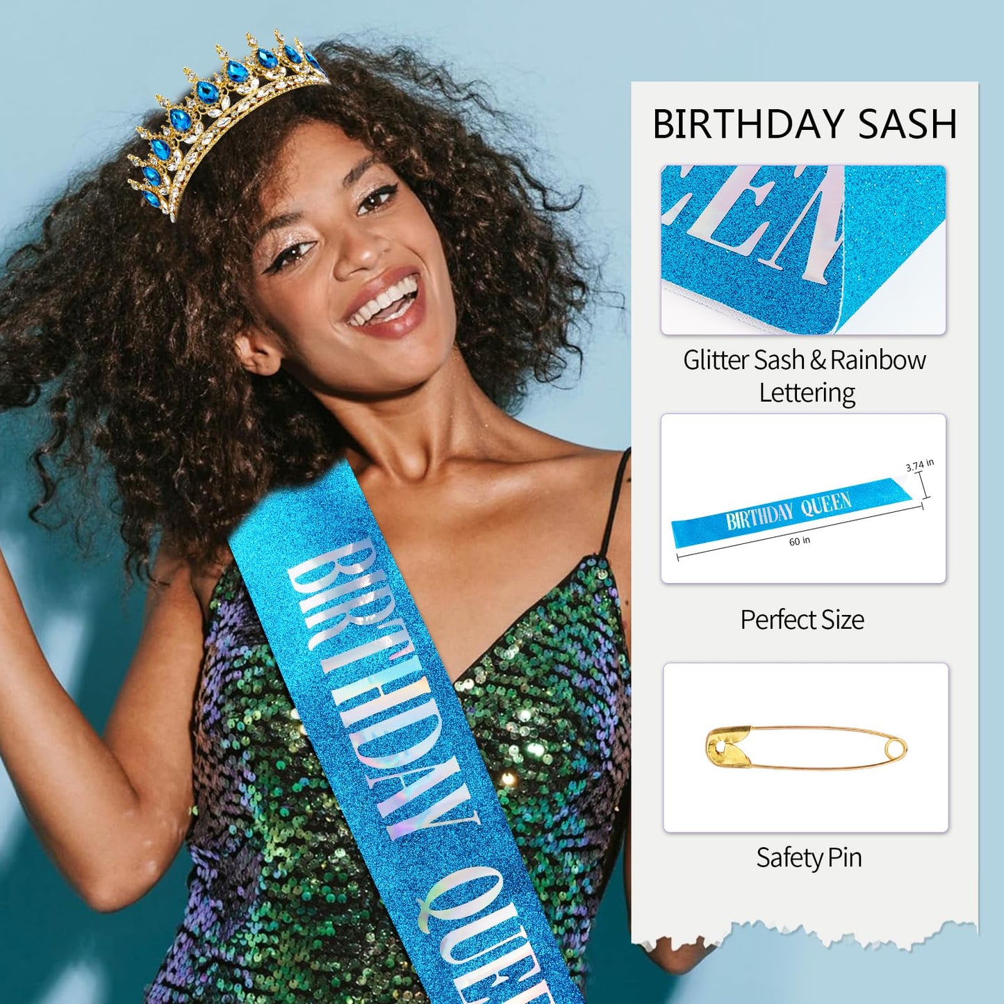 Vovii Birthday Crown & Sash Set for Women, Blue Tiara & Birthday Queen Sash for Women Birthday Decorations, Happy Birthday Party Decorations for Birthday Crown Adult Woman