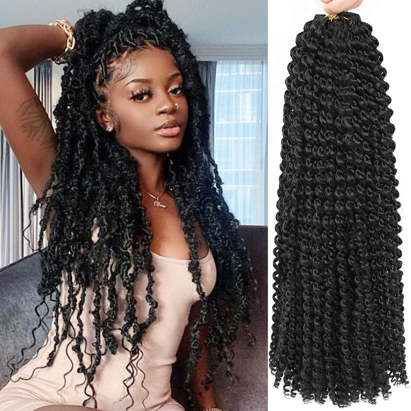 Passion Twist Hair 30 Inch 7 Packs Water Wave Crochet Hair Black Wrap Braiding Hair For Passion Twist Crochet Hair/Butterfly Locs/Spring Twist Crochet Braids Boho Hair Extension (30inch,7pc,1B#)