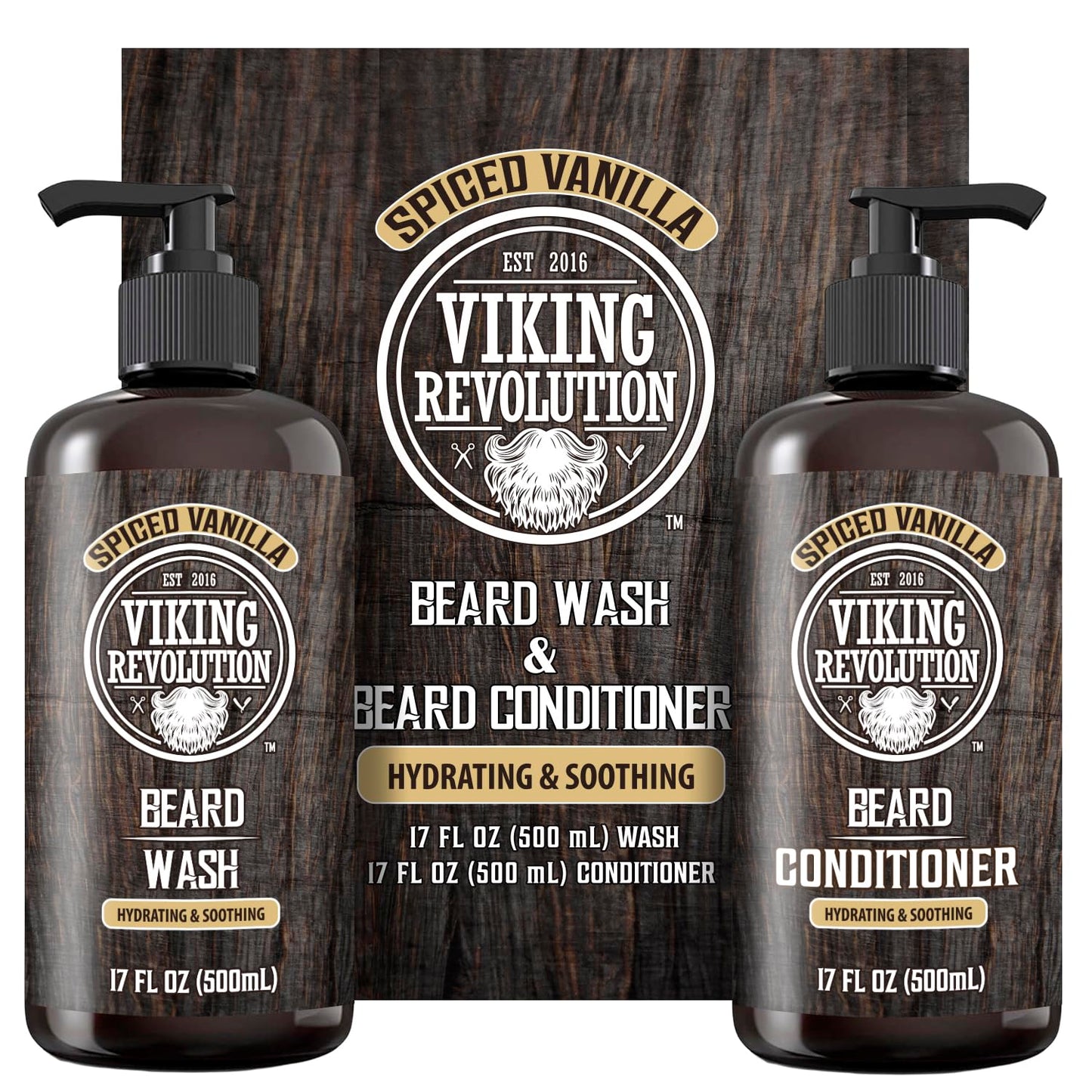 Viking Revolution Beard Wash & Conditioner | Argan & Jojoba Oil - Softens & Strengthens (17oz Spiced Vanilla)