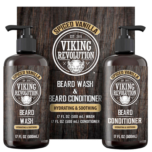Viking Revolution Beard Wash & Conditioner | Argan & Jojoba Oil - Softens & Strengthens (17oz Spiced Vanilla)