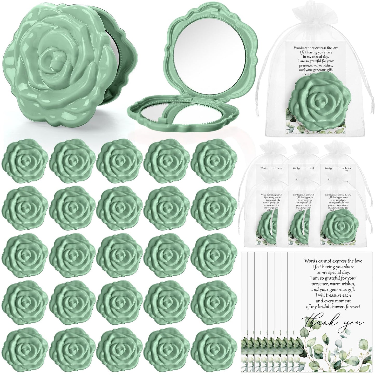 FoldTier 50 Sets Bridal Shower Party Favors for Guests Small Rose Compact Mirror Bulk Wedding Favors Thank You Cards and Organza Bags Wedding Party Guests Souvenir Gift (Green)
