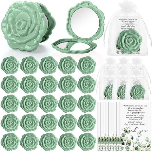 FoldTier 50 Sets Bridal Shower Party Favors for Guests Small Rose Compact Mirror Bulk Wedding Favors Thank You Cards and Organza Bags Wedding Party Guests Souvenir Gift (Green)