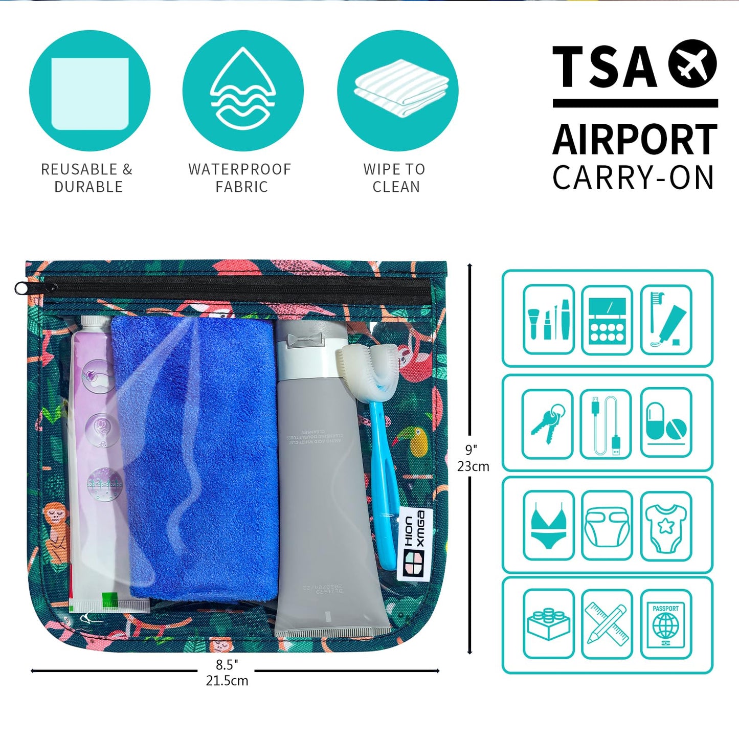 HIONXMGA TSA Approved Toiletry Bag, Set of 3 Clear Travel Toiletry Bag Quart Size Zipper Travel Pouch, Waterproof Makeup Cosmetic Bag for Women Men Kids Toiletries Carry on, Jungle Large