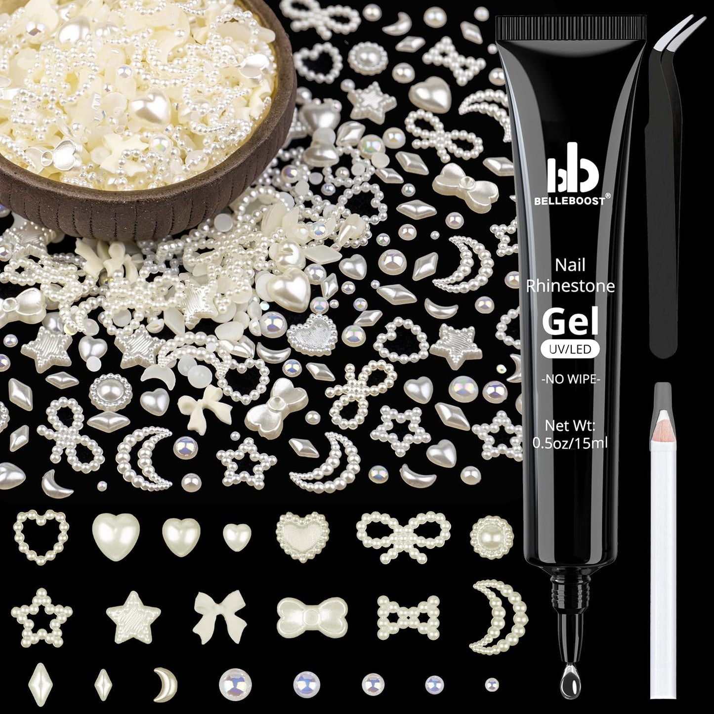 600Pcs 3D Multi Shapes Nail Charms and Flatback Pearls, Beige Mix Styles Heart Star Bow Sunflower Embellishments for Nail Art, Craft and Decoration with Glue Gel, Tweezer and Pickup Pencil