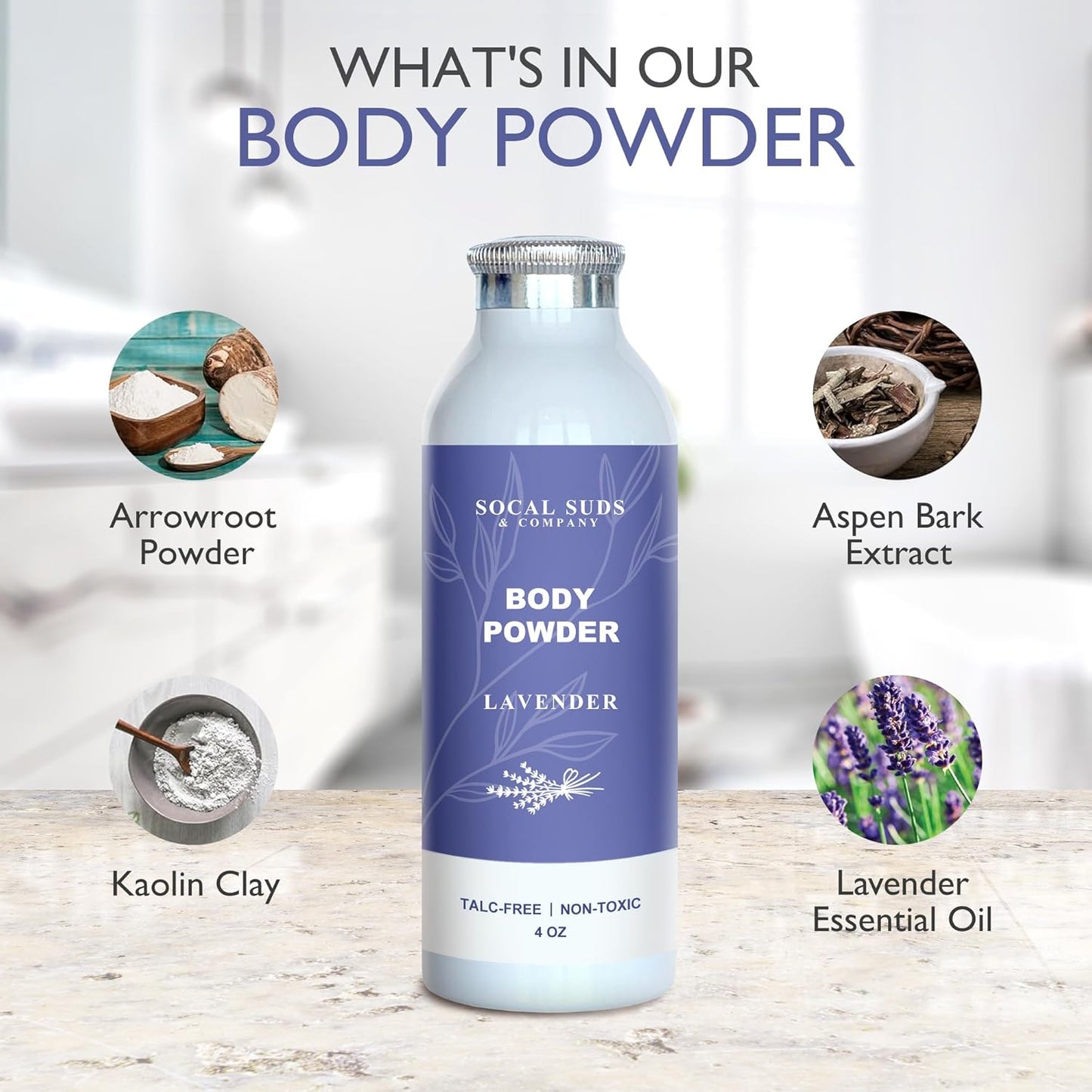 SoCal Suds & Company Natural Body Powder - Talc-Free Lavender Formula with Arrowroot & Aspen Bark - 4oz