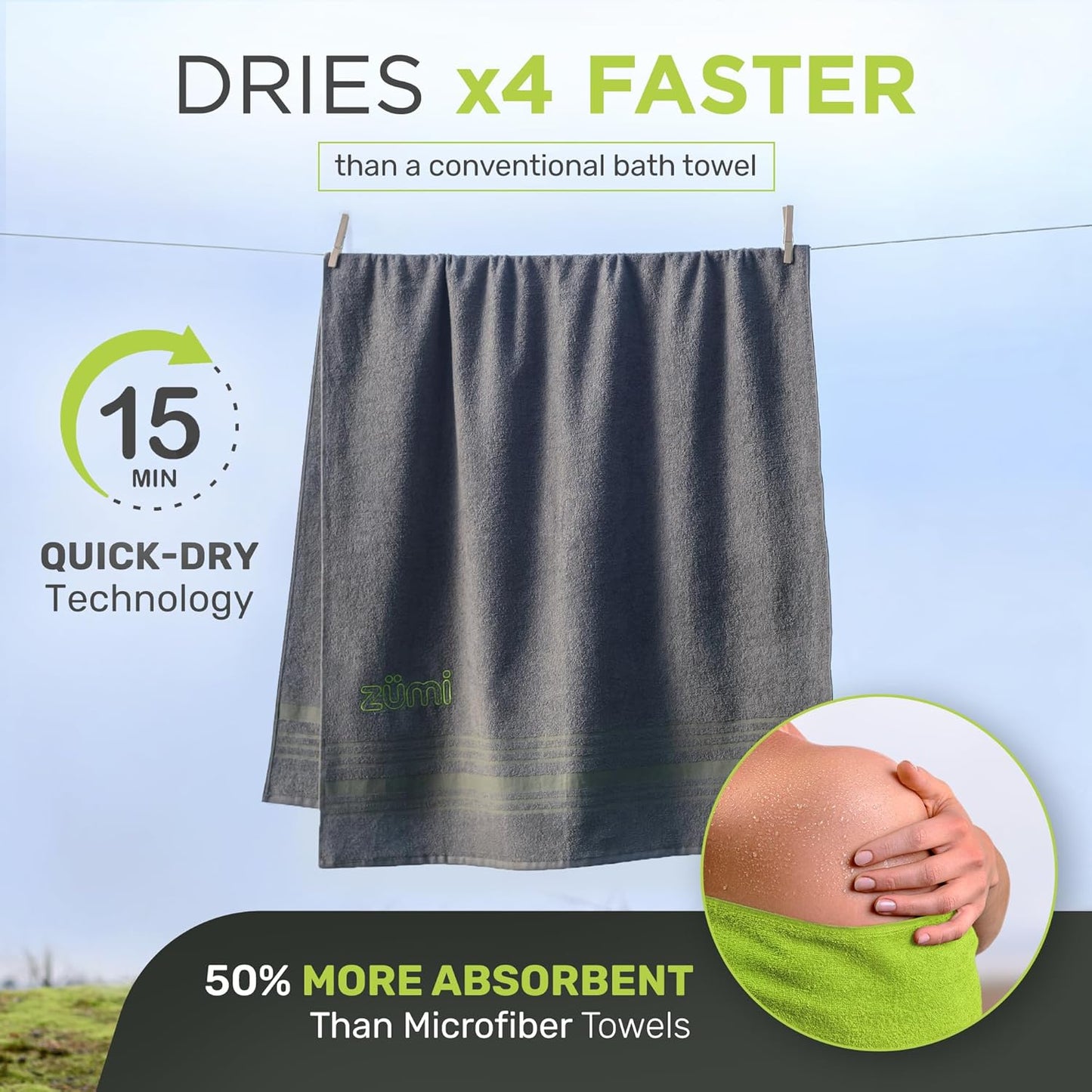 Zumi 100% Cotton Quick Dry Travel Towel - Soft, Compact & Highly Absorbent for Beach, Gym & More - Gray
