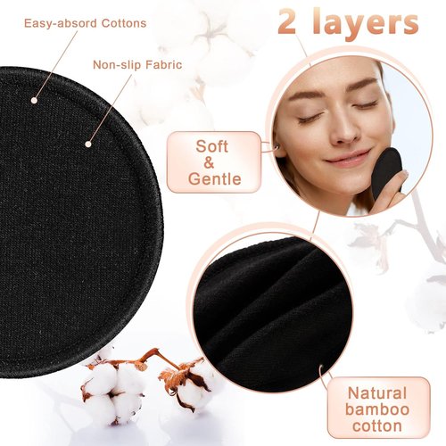 Foaincore Reusable Makeup Remover Pads - 40 Pcs Bamboo Cotton Rounds with Storage Bag | Soft & Washable (Black)