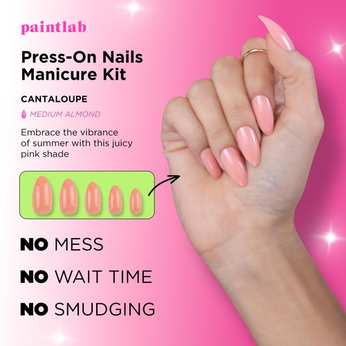 PaintLab Press-On Nails Manicure Kit, Long-Lasting Solid Color Almond Shaped Fake Nails, Glue, File, Prep Pad & Cuticle Stick, 24-Piece Set