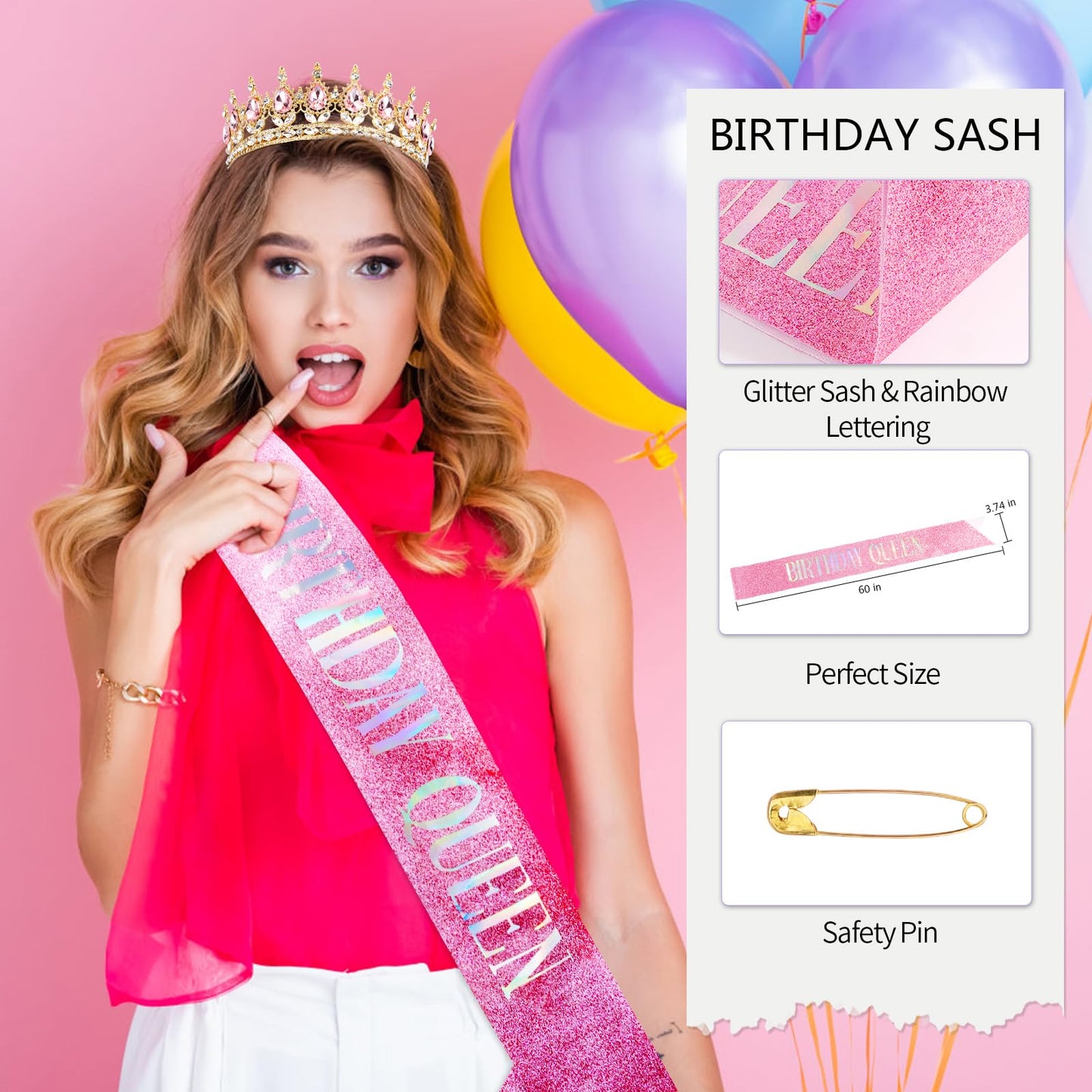 Vovii Birthday Crown & Sash Set for Women, Pink Rhinestone Tiara & Birthday Queen Sash for Women Birthday Decorations, Happy Birthday Party Decorations for Birthday Crown Adult Woman