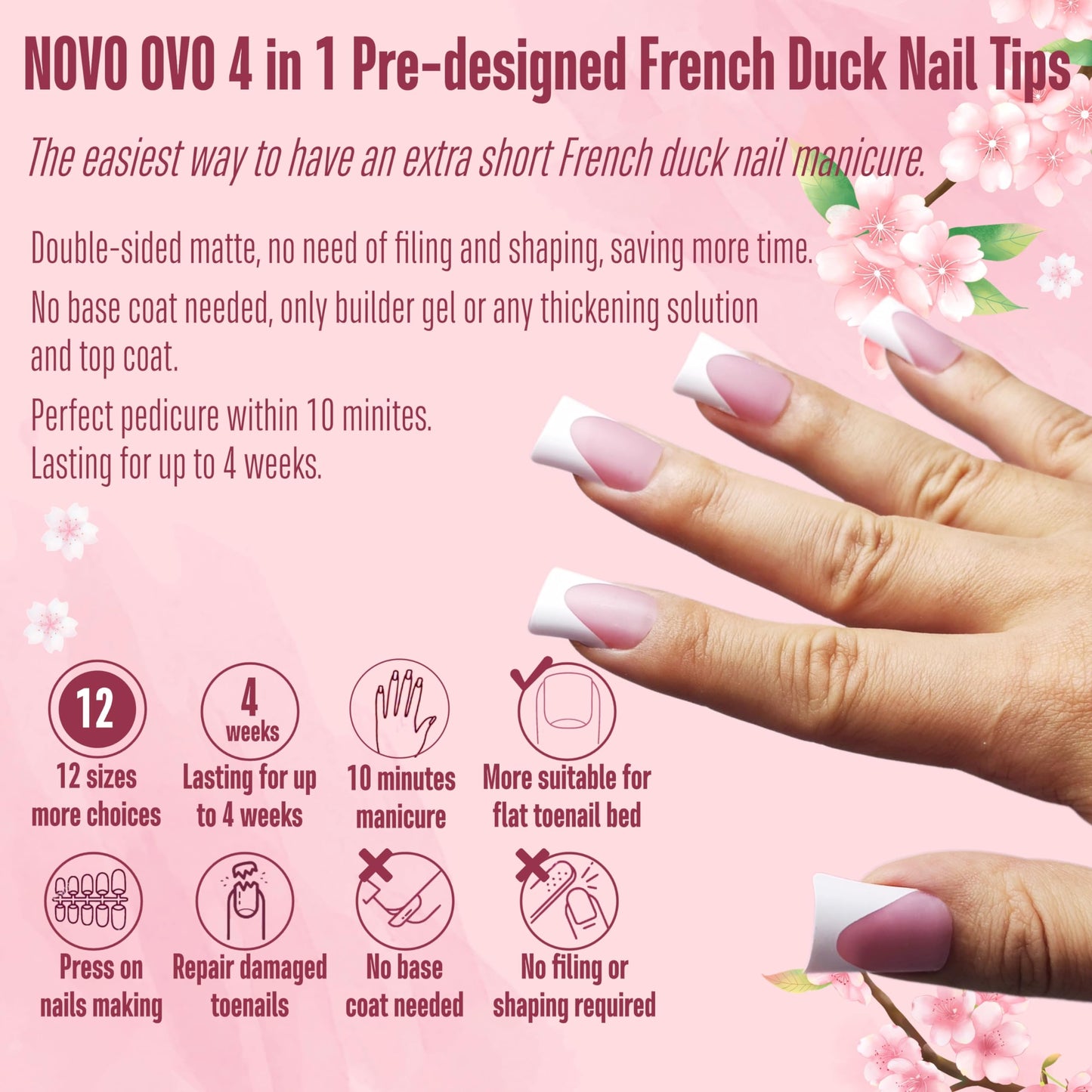 NOVO OVO French Tip Short Duck Nail Tips Press on, Pre-designed Soft Gel Nail Extension, BERRY PINK Pre-applied Tip Primer & Base Coat, Full Cover Matte Vrial False Nails for DIY x 12 Sizes 240 pcs