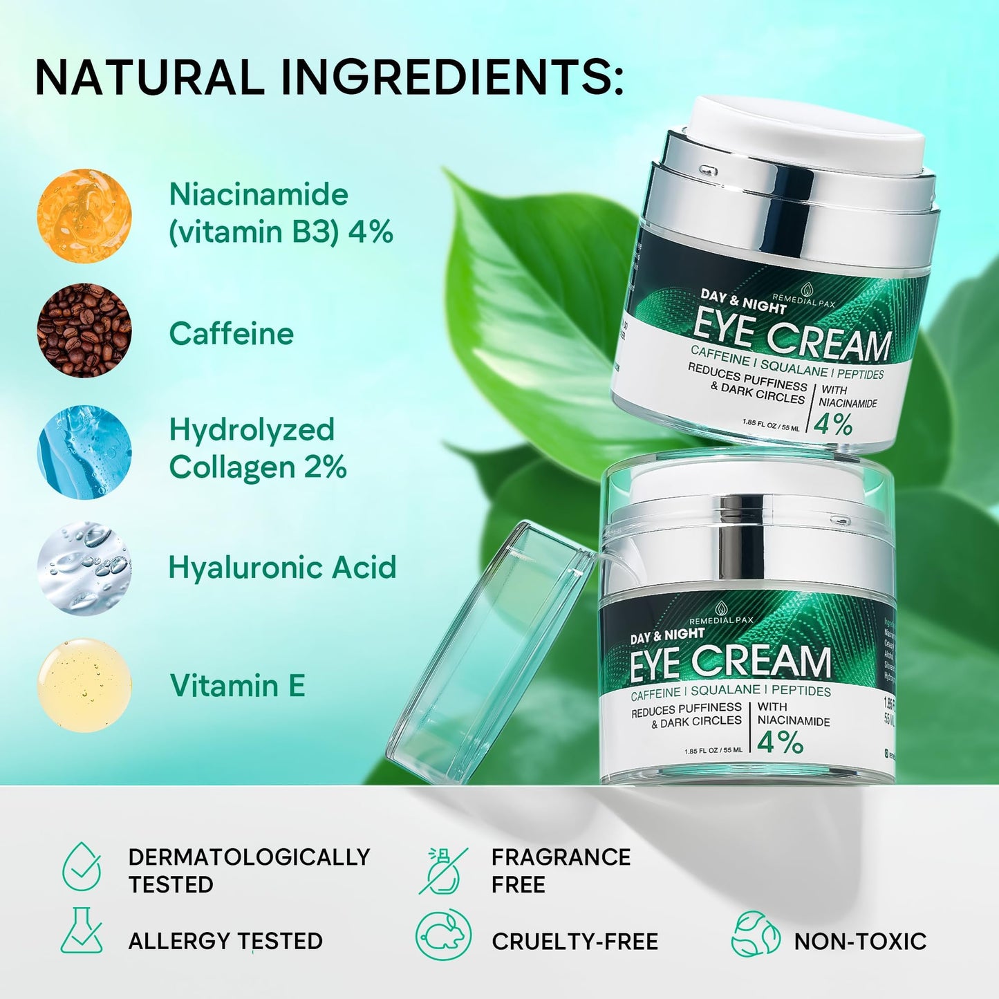 REMEDIAL PAX Eye Cream for Dark Circles and Puffiness, Bags Under Eyes Treatment, Anti-Aging Collagen Eye Cream for Wrinkles, Day & Night Caffeine Eye Cream with Niacinamide Dimethicone