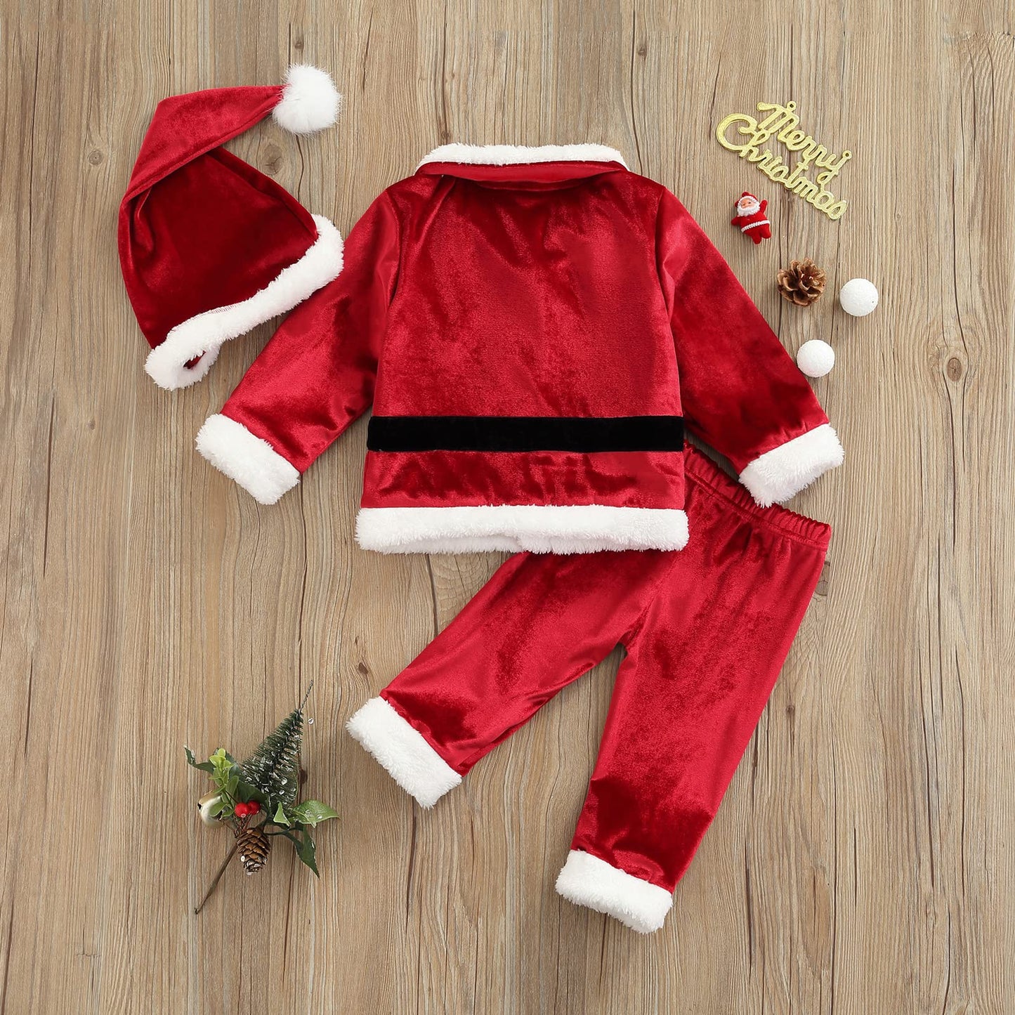 Emmababy Santa Costume Infant Baby Boy Velvet Outfit Toddler Girls Christmas Outfit Button Down Plush Jacket Coat Pants Hat (3PCS pants set, 6-12 Months)