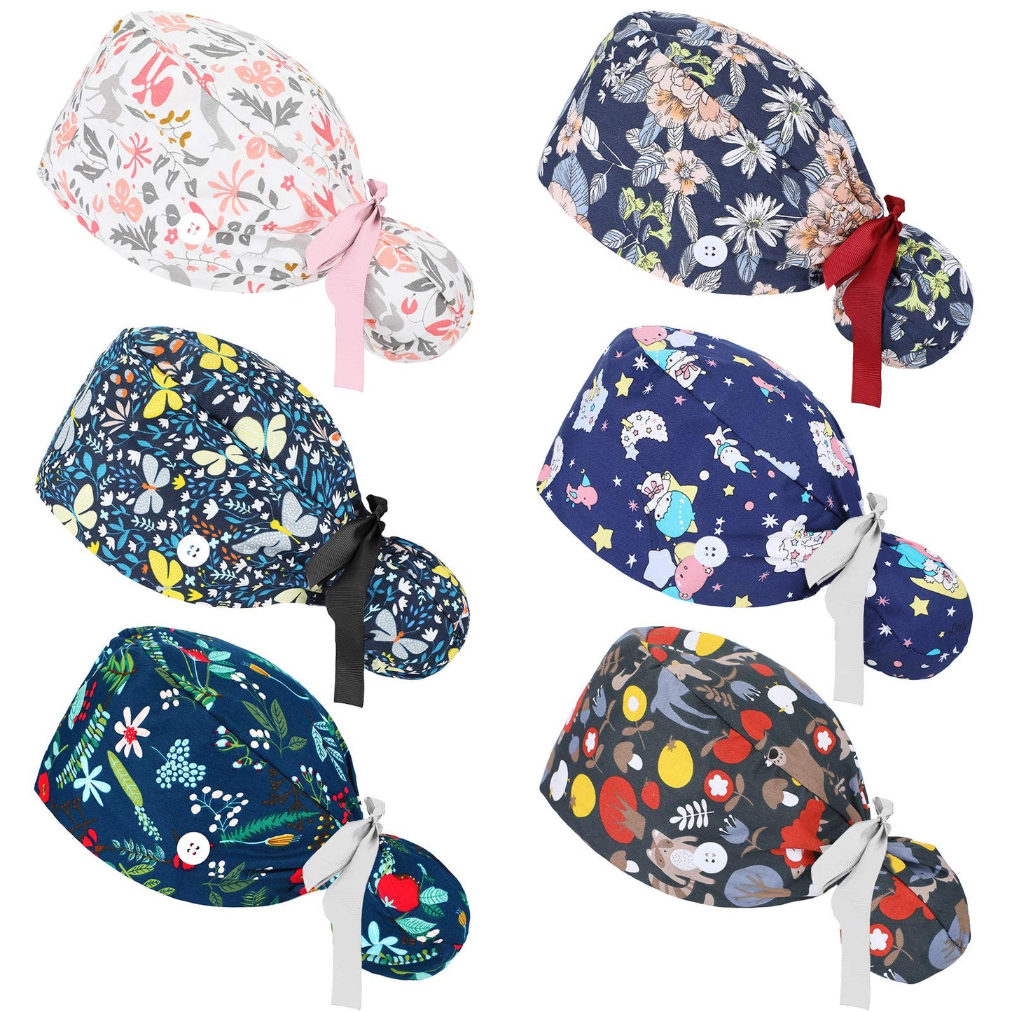 Honoson 6 Pcs Scrub Caps Women Nursing Hats with Buttons Adjustable Bouffant Nurse Hats Ponytail Holder Bouffant Turban(Retro Patterns) Multi-Color