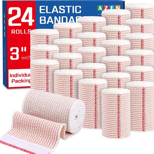 AZEN Premium 24 Pack Elastic Bandage Wrap 3 Inch, Compression Wrap Bandage for Legs, Lymphedema Wraps for Legs, Ankle, Knee, Tummy, Body