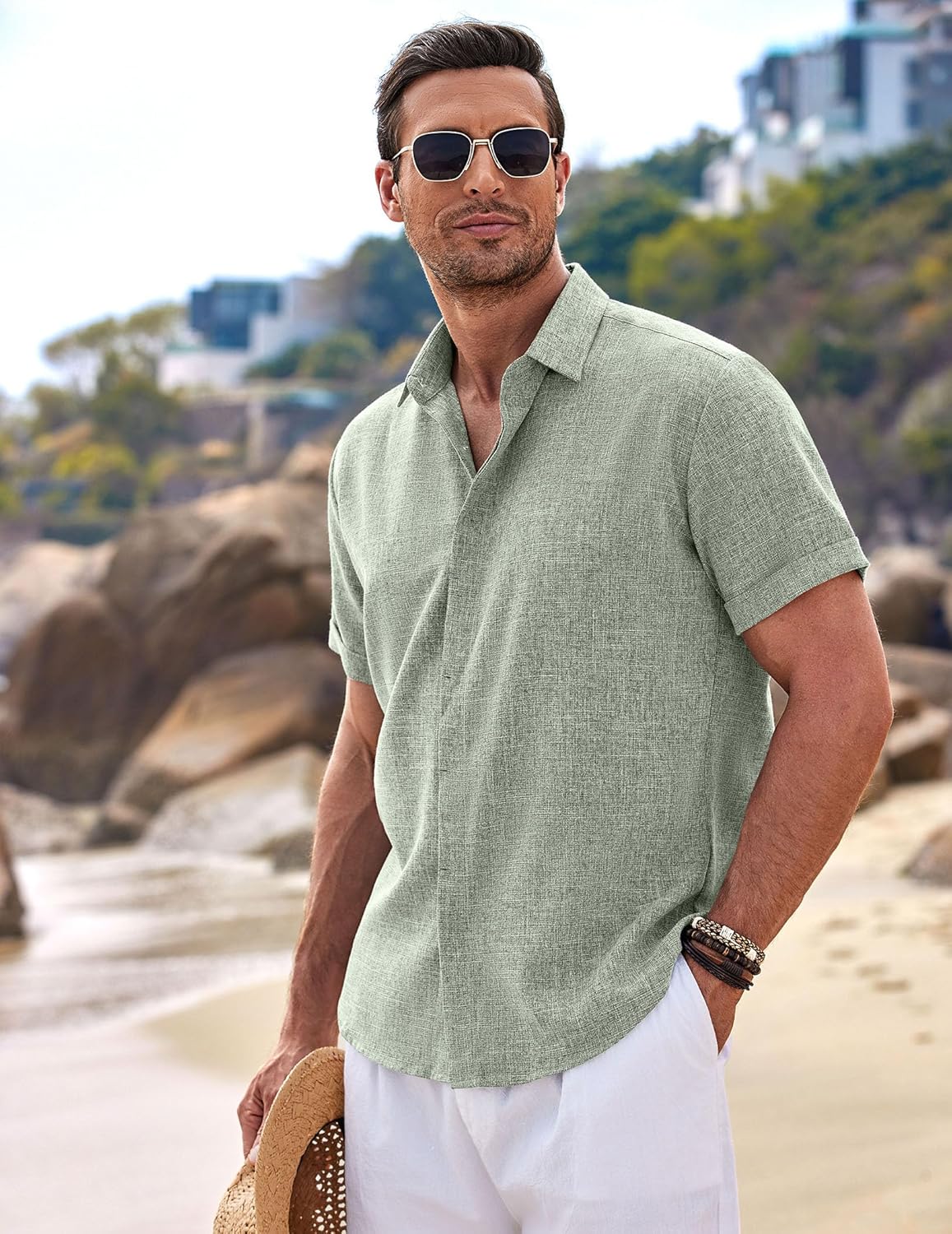 COOFANDY Men's Linen Short Sleeve Shirt - Casual Button Down for Beach & Summer Weddings